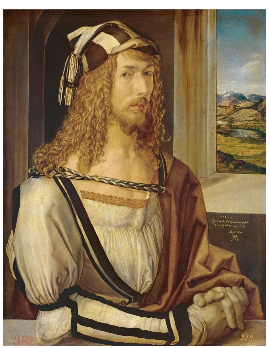 Zelfportret van Albrecht Dürer: een man met lang, golvend haar in een donker gewaad, met een landschap op de achtergrond.