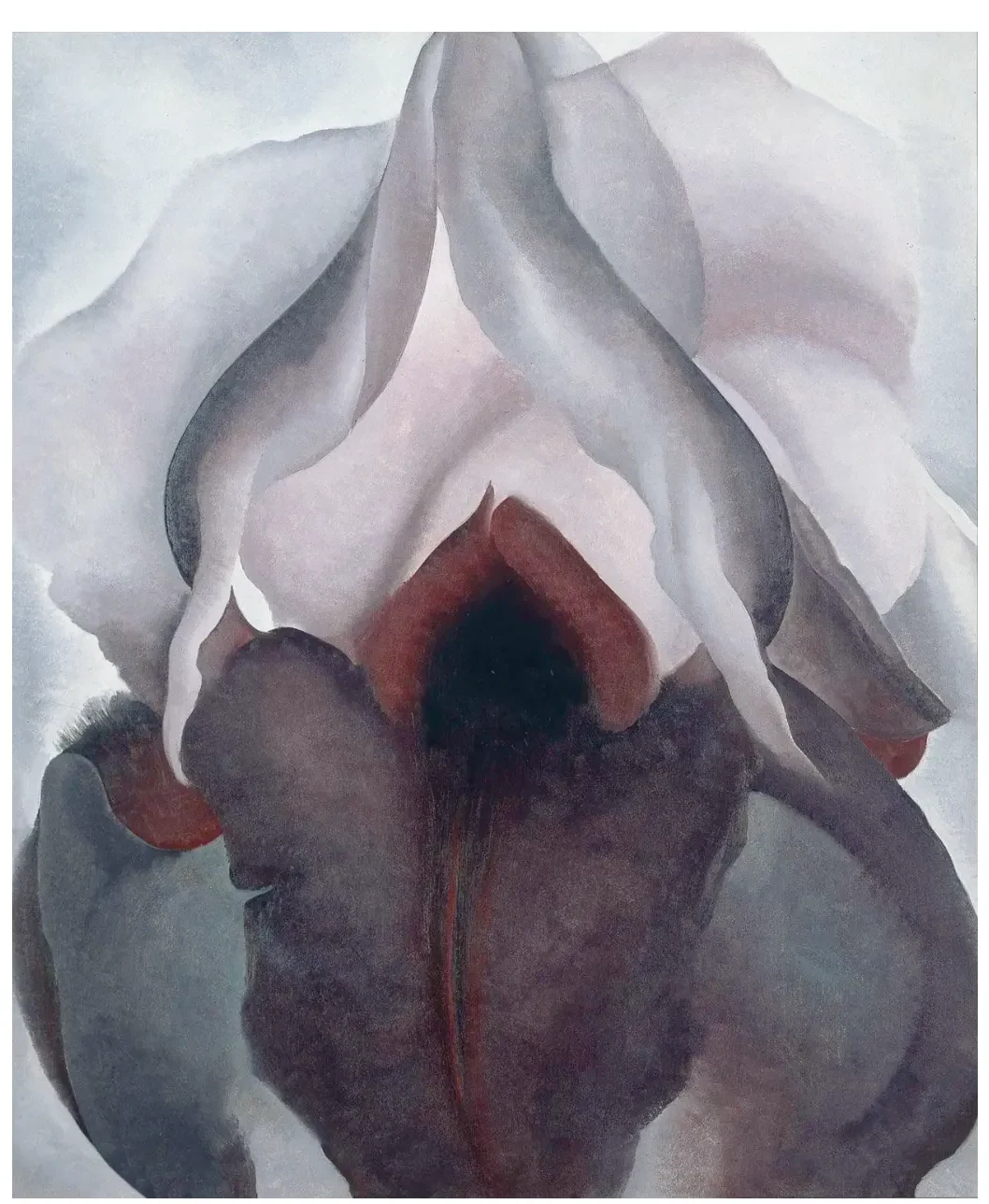 Schilderij van een grote, donkerpaarse bloem met een rode en zwarte kern, omgeven door lichtgrijze en lichtpaarse vormen.