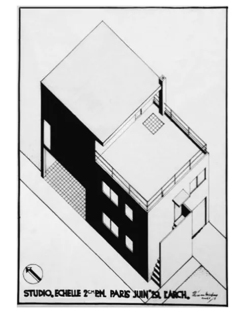 Zwart-witte isometrische ontwerptekening van een huis met een schuin dak, een zwarte zijgevel met een raster en kleine raampartijen.