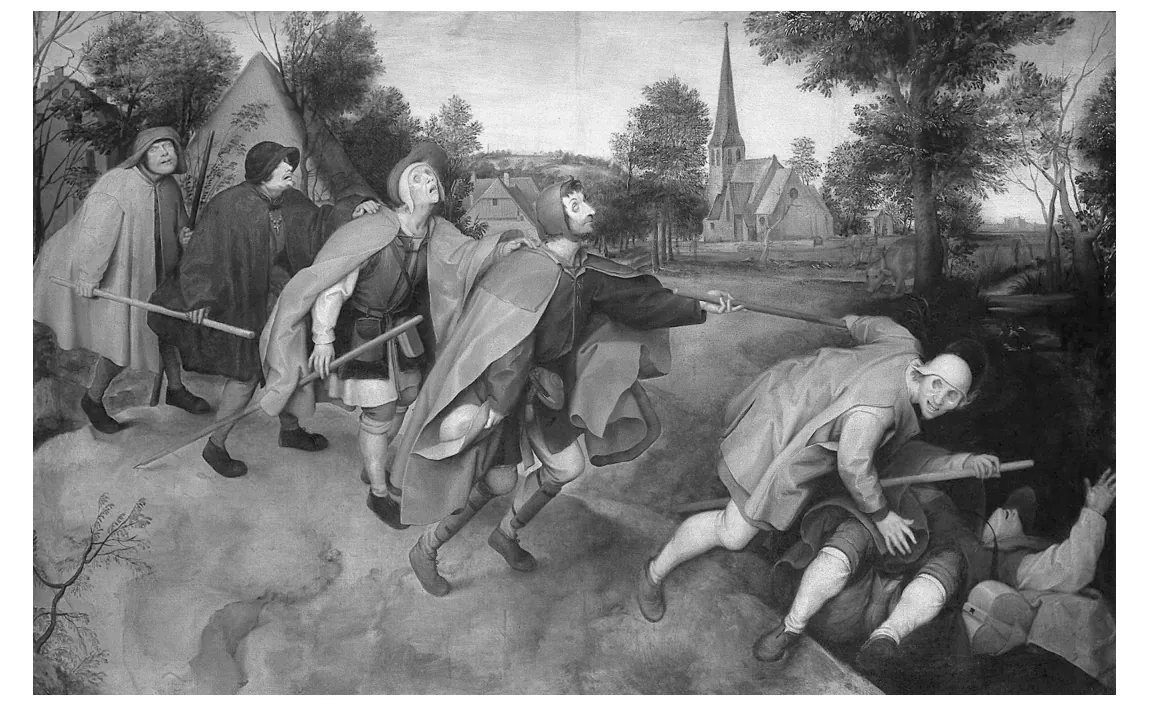 Zwart-witreproductie van een schilderij met een groep blinde mannen die elkaar aan stokken volgen en in een greppel vallen, in een landschap met een kerktoren.