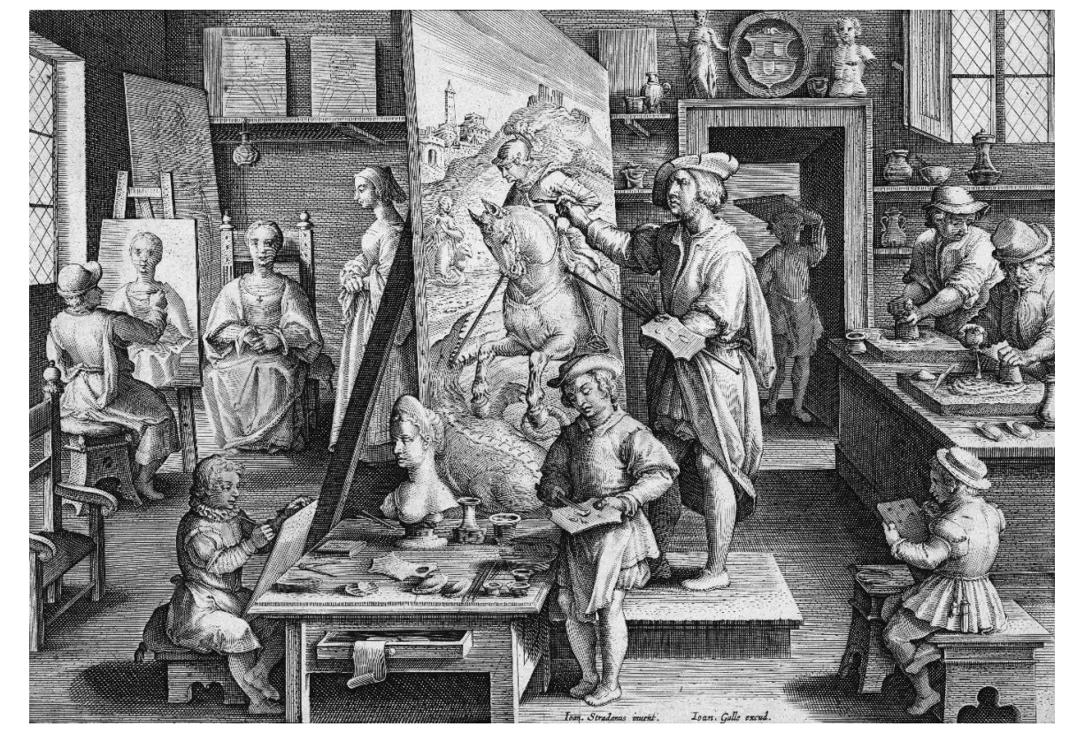 Zwart-witprent van een schildersatelier met verschillende werkzaamheden: op een verhoging in het midden werkt een meester aan een groot schilderij, en leerlingen mengen pigmenten, maken studies en dragen materialen.