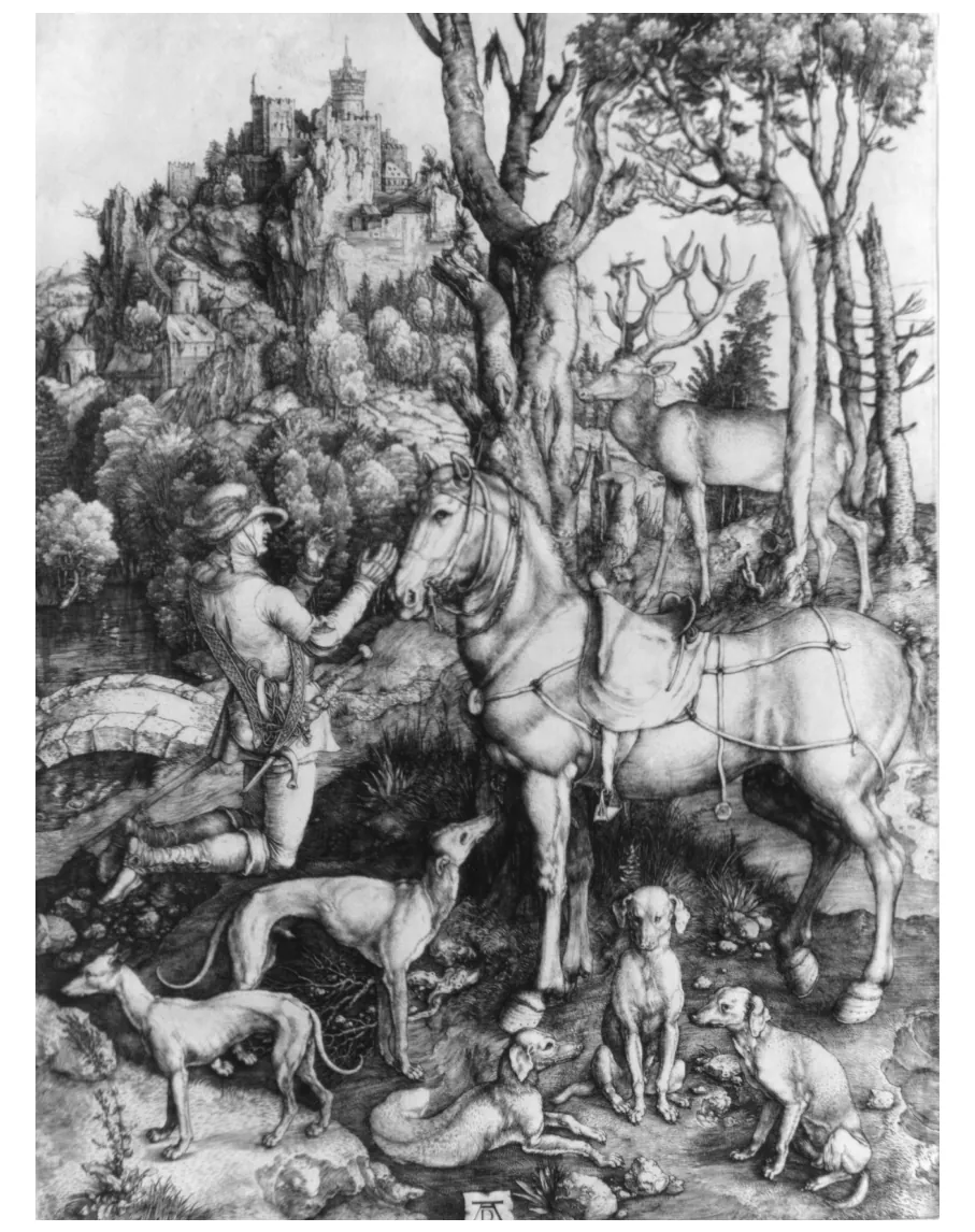 Zwart-witgravure van een ruiter op een paard in een bos, die naar een hert kijkt met een kruis tussen het gewei; in de voorgrond liggen honden.