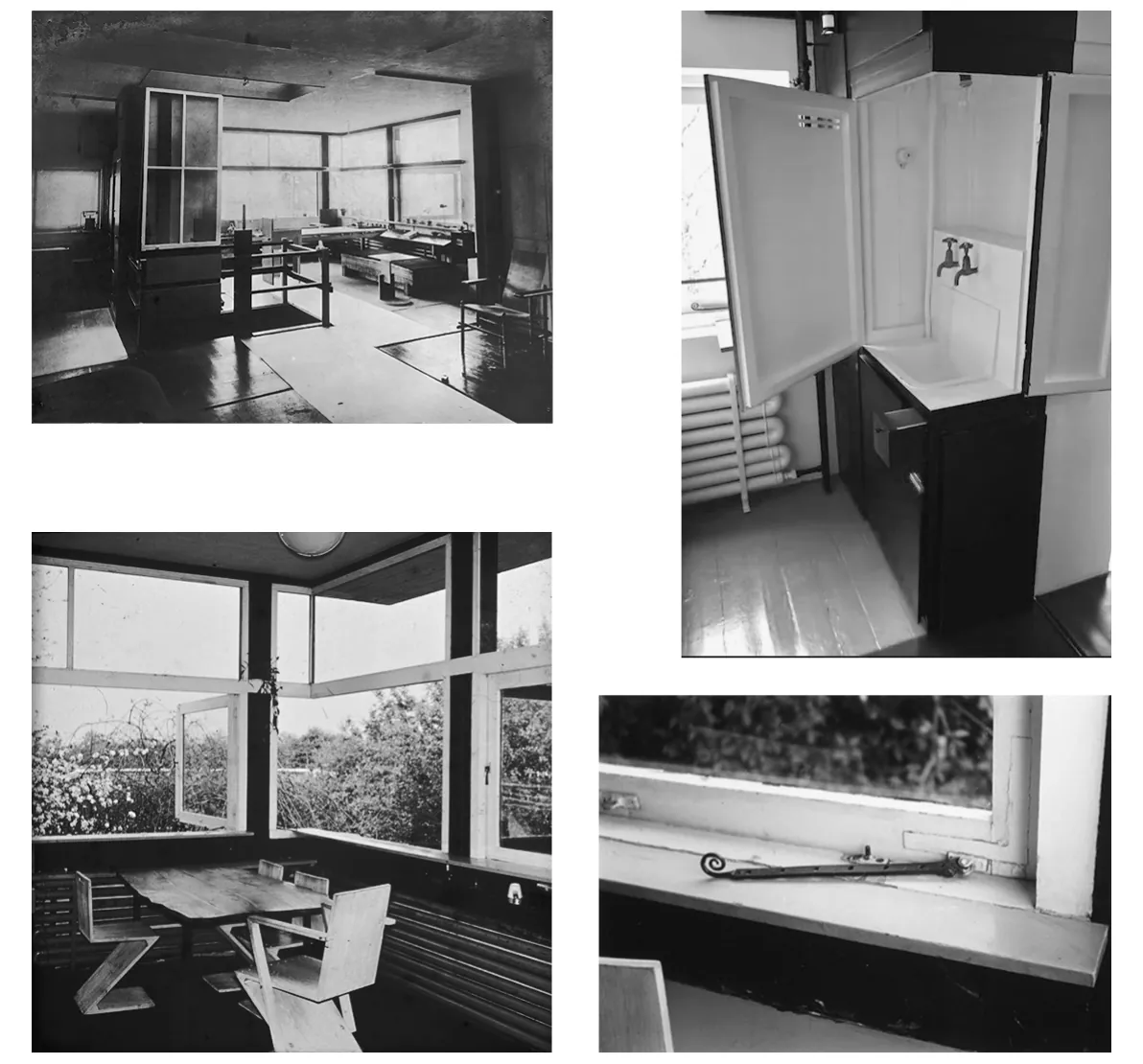 Vier zwart-witfoto’s van het interieur: een kamer met een lange tafel en stoelen, een wasbak met kraan achter een open deur, een hoek met een tafel en stoelen bij grote ramen, en een raamkozijn met een gebogen raamopener.