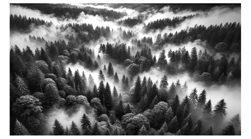 Zwart-witluchtfoto van een dicht naaldbos in heuvels met mistbanken tussen de bomen.