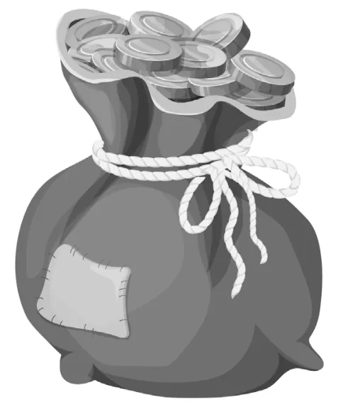Illustratie van een zak vol gouden munten met een koord eromheen.