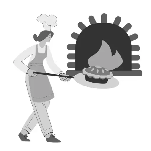 Illustratie van een vrouw die met een lange schep een pastei in een houtoven schuift.