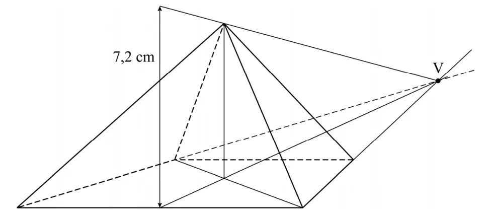 Voorbeeldtekening: de zijden van het grondvlak zijn verlengd tot het verdwijnpunt V, het midden van het grondvlak is met de diagonalen gevonden, midden voor is een hoogte van 7,2 cm uitgezet en via een lijn naar V naar achteren gebracht tot boven het midden, en vanuit die top lopen de ribben naar de vier hoekpunten.